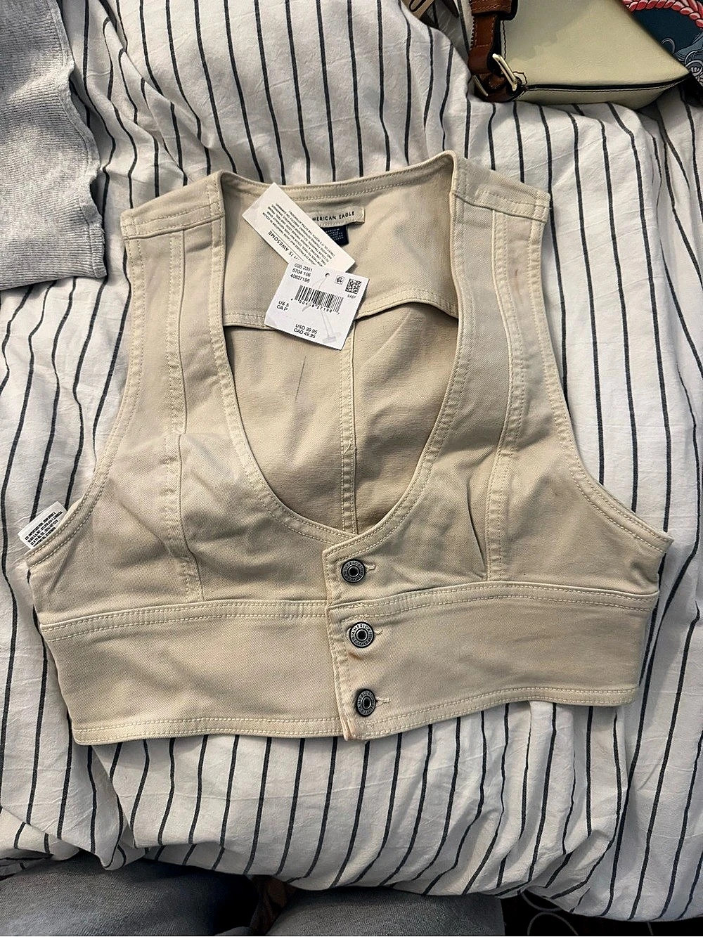 American Eagle Button Denim Front Vest in Beige Size Small NWT
